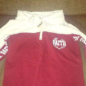 maroon and white sweatshirt